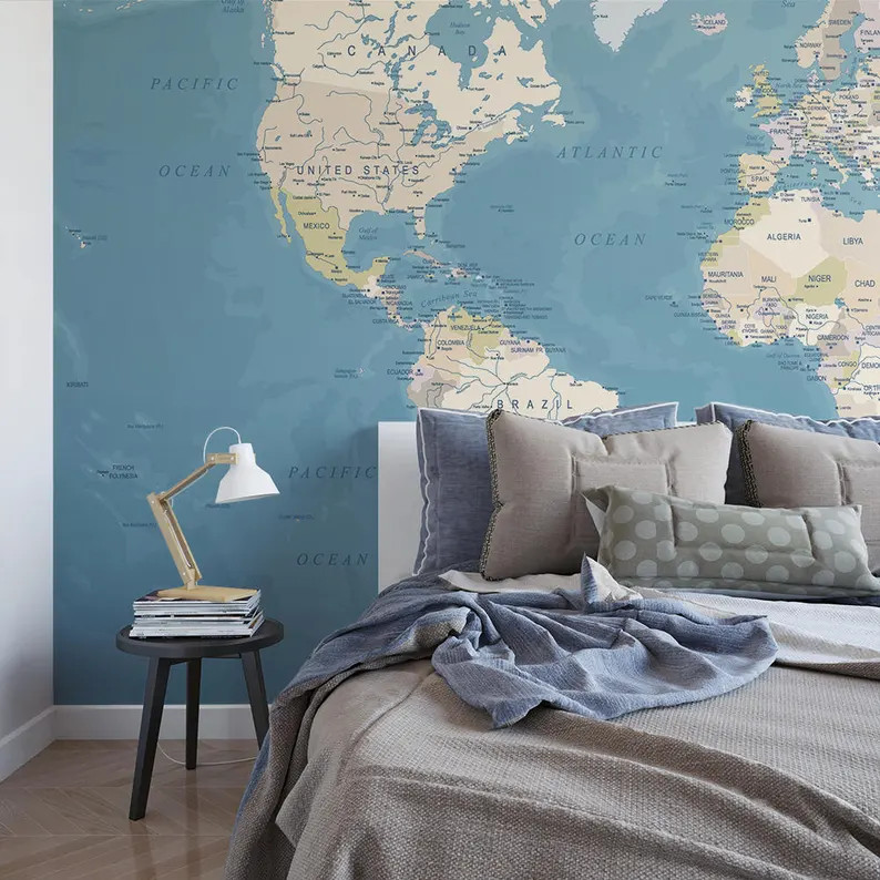 Map Wallpaper | Map Wall | Map Mural | Atlas Wallpaper | World Map Accent Wall | Large Map Wall D... | Etsy (US)