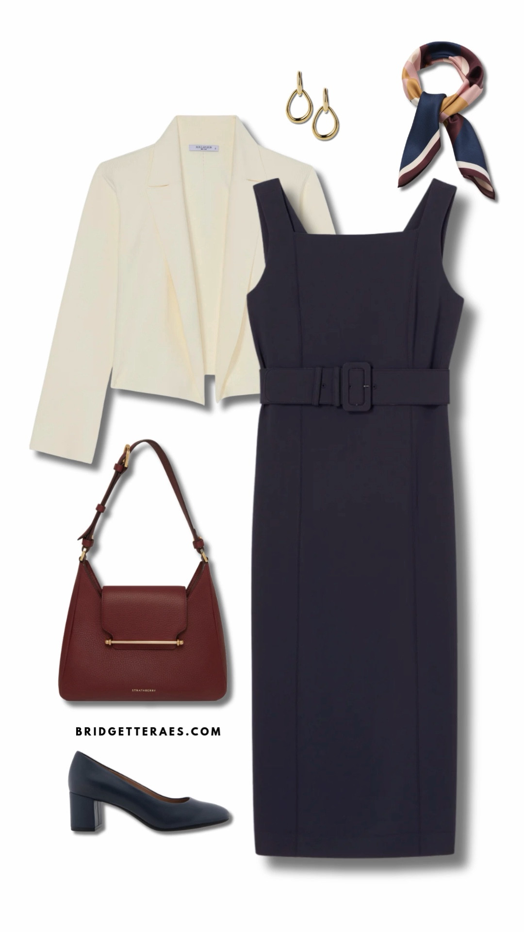 Polished femininity meets modern structure in this effortlessly refined ensemble, where a tailored navy sheath dress creates a sleek, elongated silhouette while the wide belt subtly defines the waist for confident, architectural balance. The cropped ivory blazer softens the look with light contrast, adding sophistication and versatility that transitions seamlessly from boardroom meetings to evening engagements. Rich burgundy accessories introduce warmth and depth, with the structured handbag lending a classic, investment-worthy feel, while navy block heels keep the look grounded, comfortable, and quietly powerful. Gold drop earrings and a silk scarf add movement and personality, elevating the outfit with thoughtful detail that feels intentional rather than ornate. The overall effect is poised, intelligent style—perfect for days that require presence, polish, and a sense of understated authority.

#LTKootd #LTKWorkwear #LTKOver40