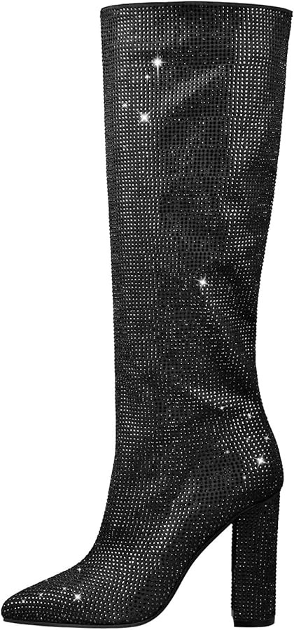 Knee High Boots Chunky Heels Slip-on Point Toe Glitter Booty | Amazon (US)