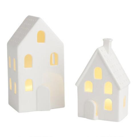 White Ceramic House LED Battery Operated Decor | World Market
