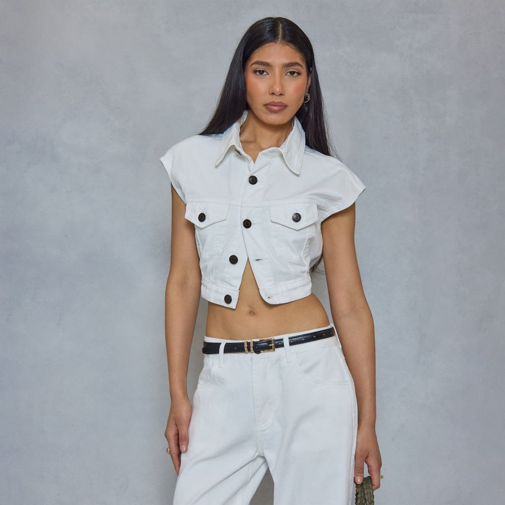 Cap Sleeve Button Front Pocket Detail Top In White Denim | EGO (UK)