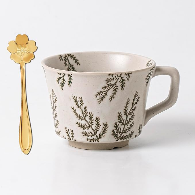 Patterned Ceramic Coffee Cup, 12OZ Tea Cup with Flower Spoon, Vintage Latte Coffee Mugs for Tea/C... | Amazon (US)