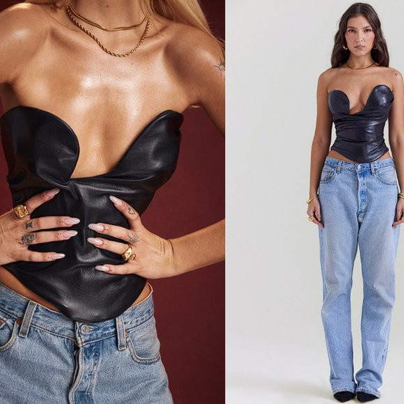 House of CB 'Saffira' Black Plunge Vegan Leather Corset NWOT | Poshmark