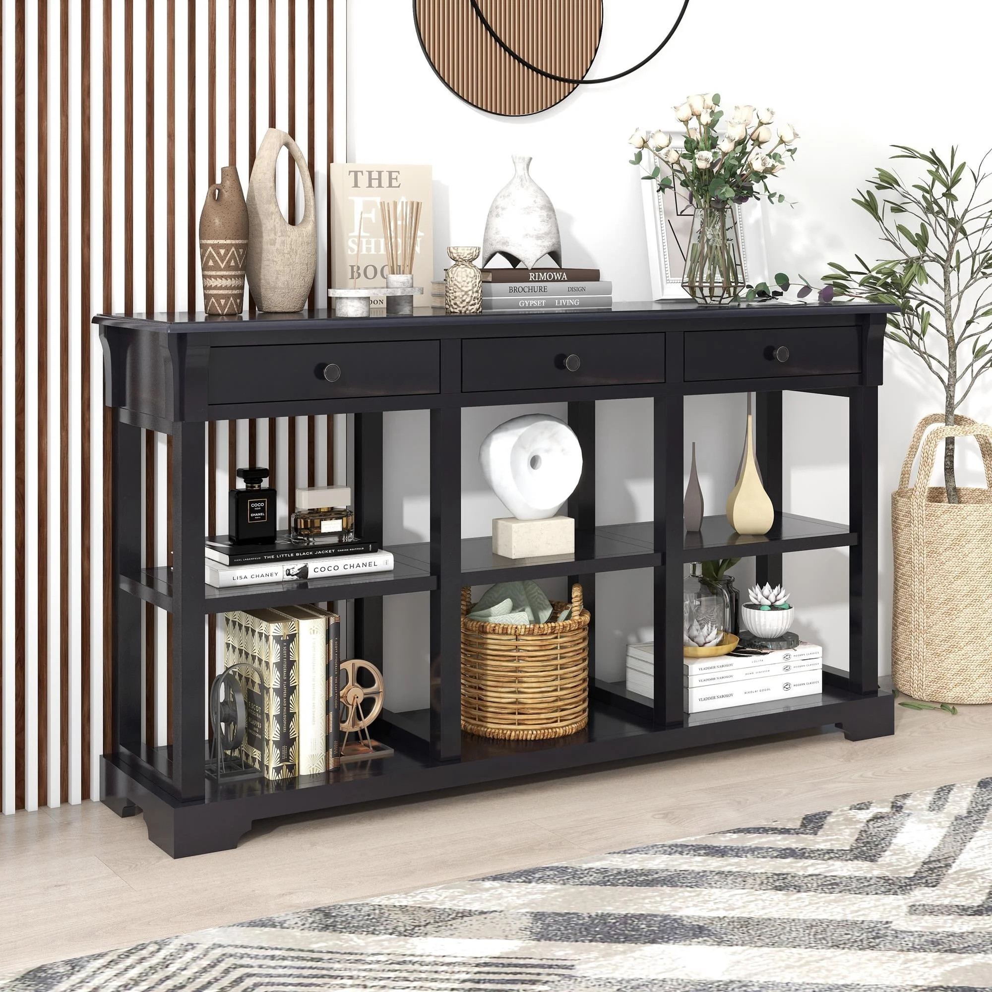 Ktaxon Console Table with 3 Drawers and 3 Storage Shelves Long Sofa Entryway Table for Living Room Entryway Hallway Foyer Black | Walmart (US)
