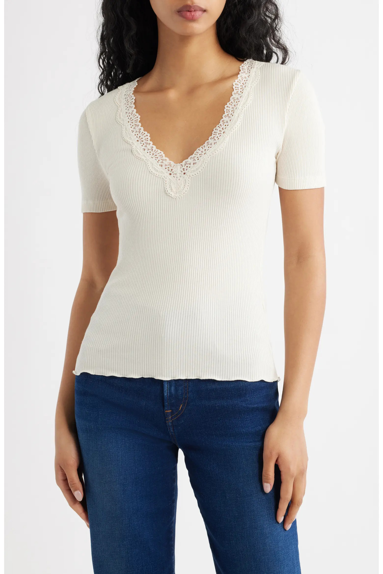 Lace Trim V-Neck Rib Top (Women) | Nordstrom | Nordstrom