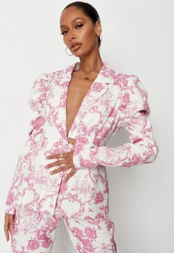 Pink Porcelain Print Puff Sleeve Blazer | Missguided (US & CA)