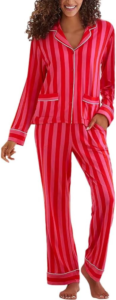 Juakoso Women Christmas Pajamas Sets Cute Print Silk Satin Lounge Sets Y2k Long Sleeve Shirt Pant... | Amazon (US)