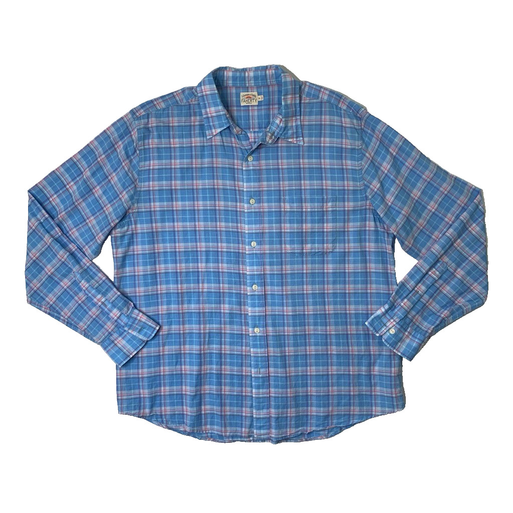 Pre-loved PartnerFaherty Shirt Mens XL Extra Large Cotton Linen Blend Plaid Button Up Long Sleeve | eBay US