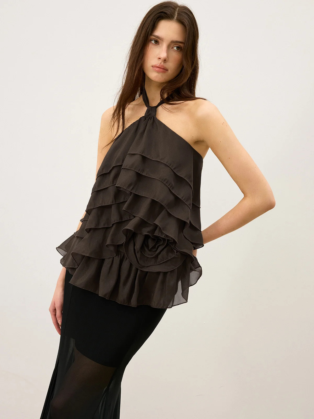Tiered Ruffle Chiffon Halter Top with 3D Flower | Commense