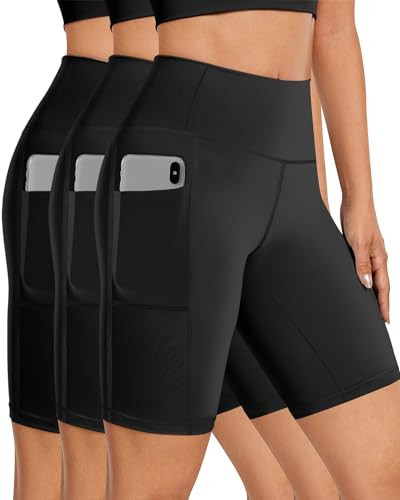 Biker Shorts Women Tummy Control Pockets Yoga Workout Stretchy Spandex Shorts Leggings Athletic Running Compression Shorts Tights Knee Length Ladies Long Slip Booty Shorts Under Dresses 3 Black | Amazon (US)