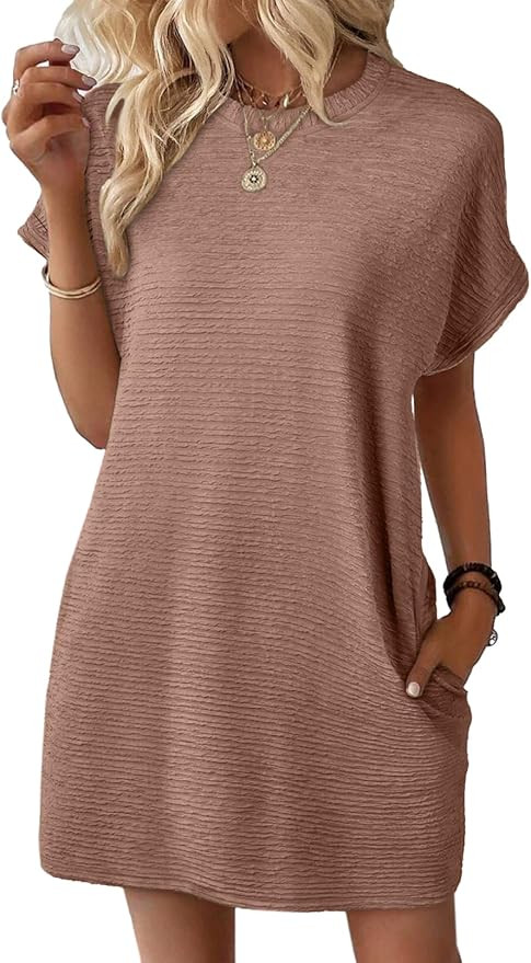 EVALESS Womens Summer Dresses 2026 Fashion Short Sleeve Cute Spring Mini Dress Crewneck Casual Be... | Amazon (US)