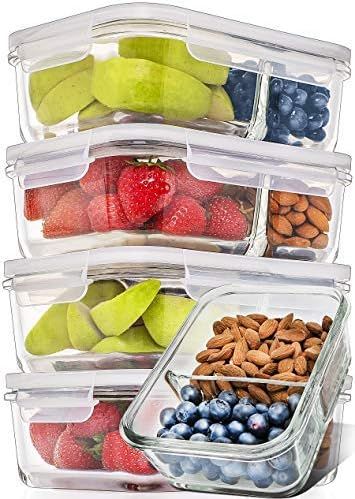 Prep Naturals Glass Meal Prep Containers Glass 2 Compartment 5 Pack - Glass Food Storage Containers  | Amazon (US)