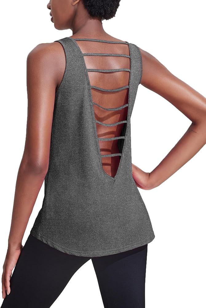 PINSPARK Workout Tank Tops for Women Open Back Yoga Shirts Athletic Crewneck Gym Running Shirt Li... | Amazon (US)