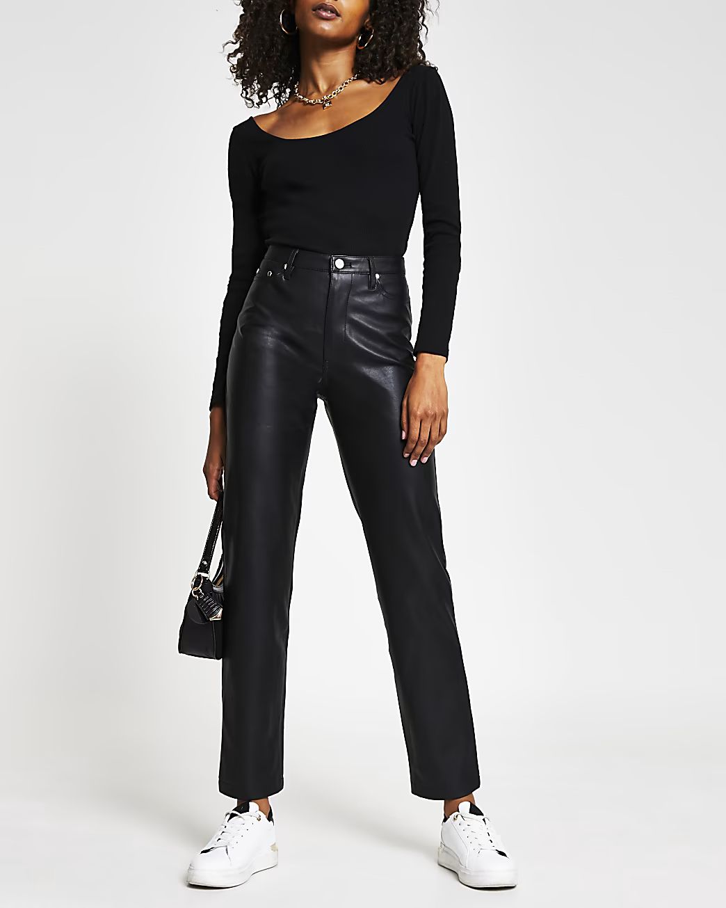 River Island Womens Black faux leather straight fitted pants | River Island (US)