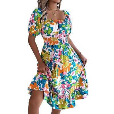 Women's Summer Casual Dresses 2025 Spring Puff Sleeve Square Neck A-line Flowy Boho Floral Smocked Midi Dress | Target