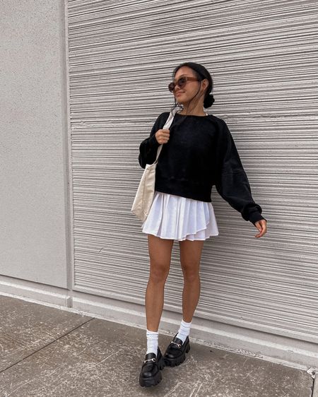 Early fall outfit, transitional style: black sweatshirt over tennis dress, Nike crew socks, chunky loafers (similar) // preppy style, fall style, transitional outfit, backless sweatshirt, cozy street style, streetwear, meir, ameirylife 

#LTKSeasonal #LTKunder100 #LTKstyletip