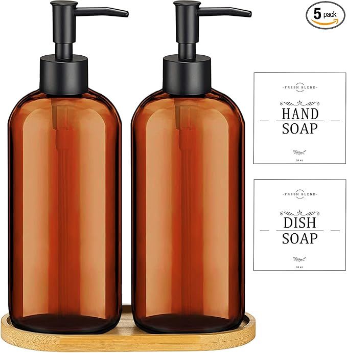 Amber Soap Dispenser with Bamboo Tray, Waterproof Labels (2 Pack,16 Oz), Soap Dispenser Bathroom,... | Amazon (US)
