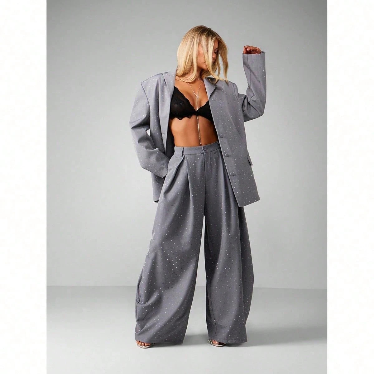 MISSGUIDED Diamante Blazer With Sparkly Details And Matching Wide Leg Trousers For Office Busines... | SHEIN