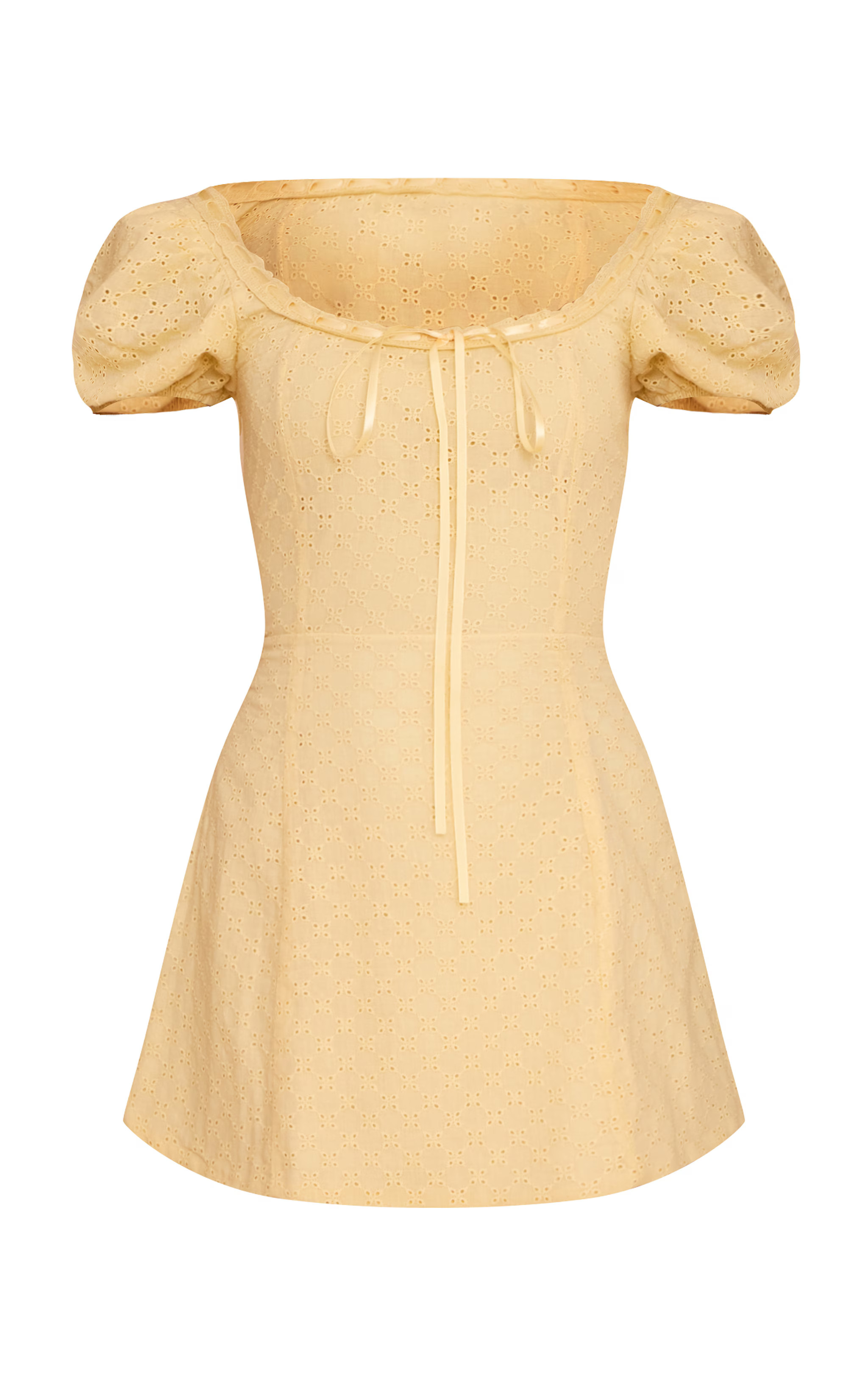 Yellow Broderie Puff Sleeve A-line Mini Dress | PrettyLittleThing US