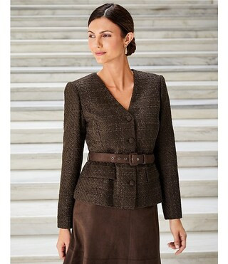 Preston & York Zoey Tweed V-Neck Long Sleeve Suede Belt Jacket & Astrid Stretch Suede High Rise A... | Dillard's