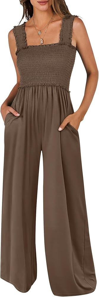 ANRABESS Womens Casual Summer Jumpsuits Smocked Sleeveless Wide Leg Long Romper Jumpers 2025 Beac... | Amazon (US)