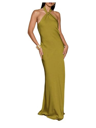 OYOANGLE Women's Satin Halter Maxi Dress Open Back Sleeveless Bodycon Evening Party Cocktail Wedding Guest Dress Olive Green Large | Amazon (US)