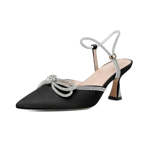Joseywade Black Sparkly Bow Heels Rhinestone Low Kitten Heel Slingback Pumps Closed Pointed Toe Women Ankle Strap Wedding Bridal Formal Satin Shoes 2.5" US Size 8.5 | Amazon (US)