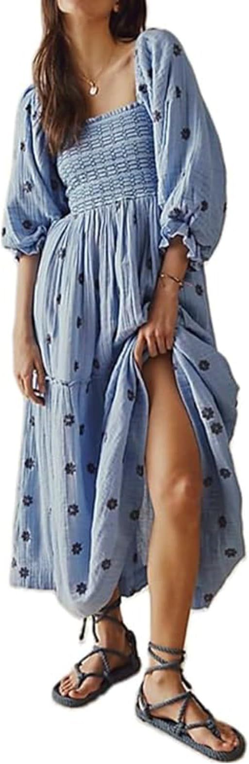 Women Floral Embroidered Maxi Dress Long Puff Sleeve Square Neck Bohemian Flowy Dress with Pocket... | Amazon (US)