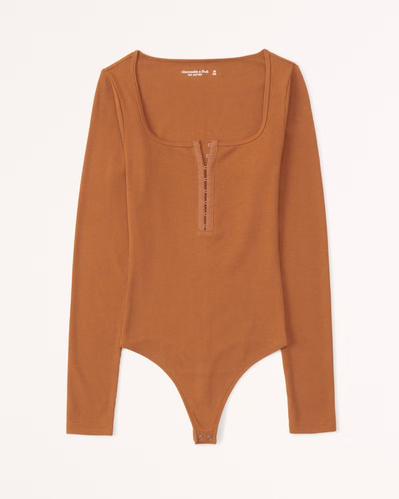 Long Sleeve Hook-and-Eye Henley Bodysuit | Abercrombie & Fitch (US)