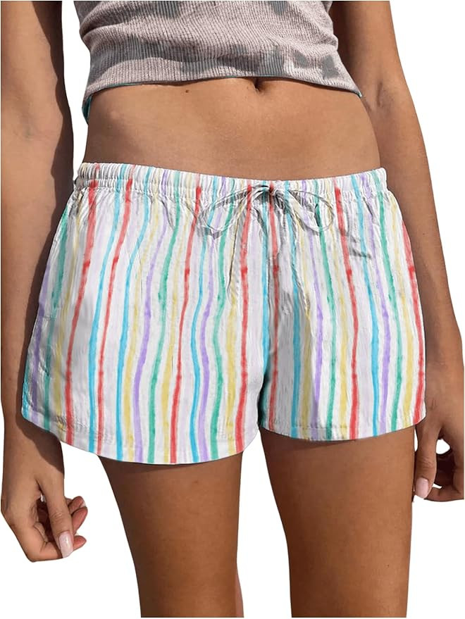SHENHE Women's Summer Striped Shorts Drawstring Waist Loose Wide Leg Low Rise Casual Shorts | Amazon (US)