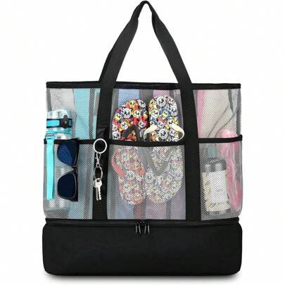 Beach Bag With Cooler,Mesh Beach Bags For Women Sandproof For Pool And Swimming Travel Daily With Durable 8 Pocket | SHEIN