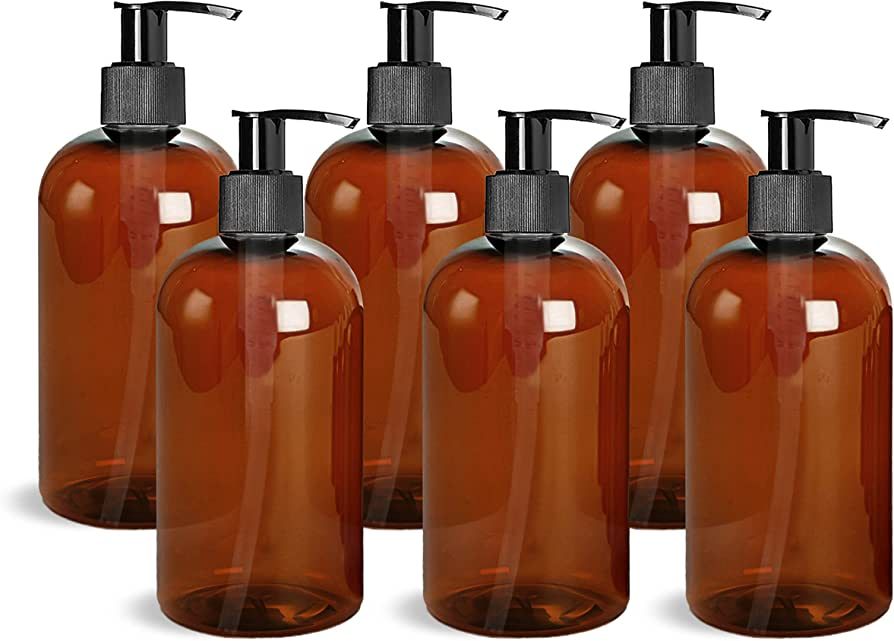 ljdeals 16 oz Amber Plastic Bottle with Black Lotion Pump, Refillable Containers for Shampoo, Lot... | Amazon (US)