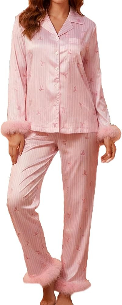 Springcmy Women Christmas Silk Pajamas Set Pjs Satin Long Sleeve Button Down Shirts Pants Feather... | Amazon (US)