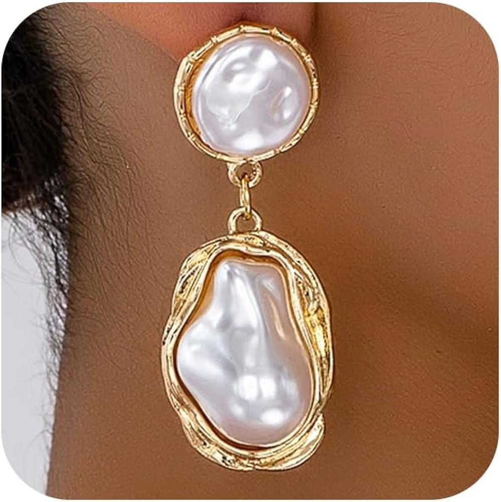 Dainty Chunky Gold Irregular Pearl Drop Earrings Trendy, Vintage Statement Baroque Pearls Earring... | Amazon (US)