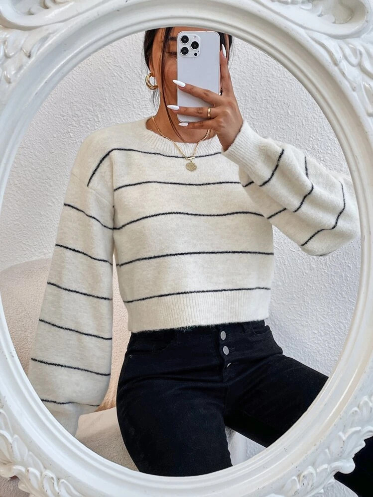 SHEIN ChicEase Striped Drop Shoulder Sweater,Long Sleeve Tops | SHEIN