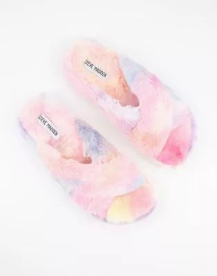 Steve Madden Fuzed fluffy cross strap slippers in rainbow | ASOS (Global)