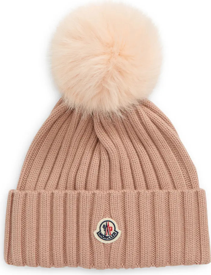 Moncler Wool Rib Beanie with Faux Fur Pompom | Nordstrom | Nordstrom