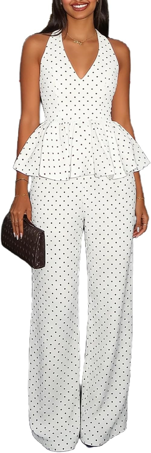 Sexy Two Piece Outfits for Women Dot Print Halter Tops and Pant Set Vacation Going out Polka Dot Sets | Amazon (US)