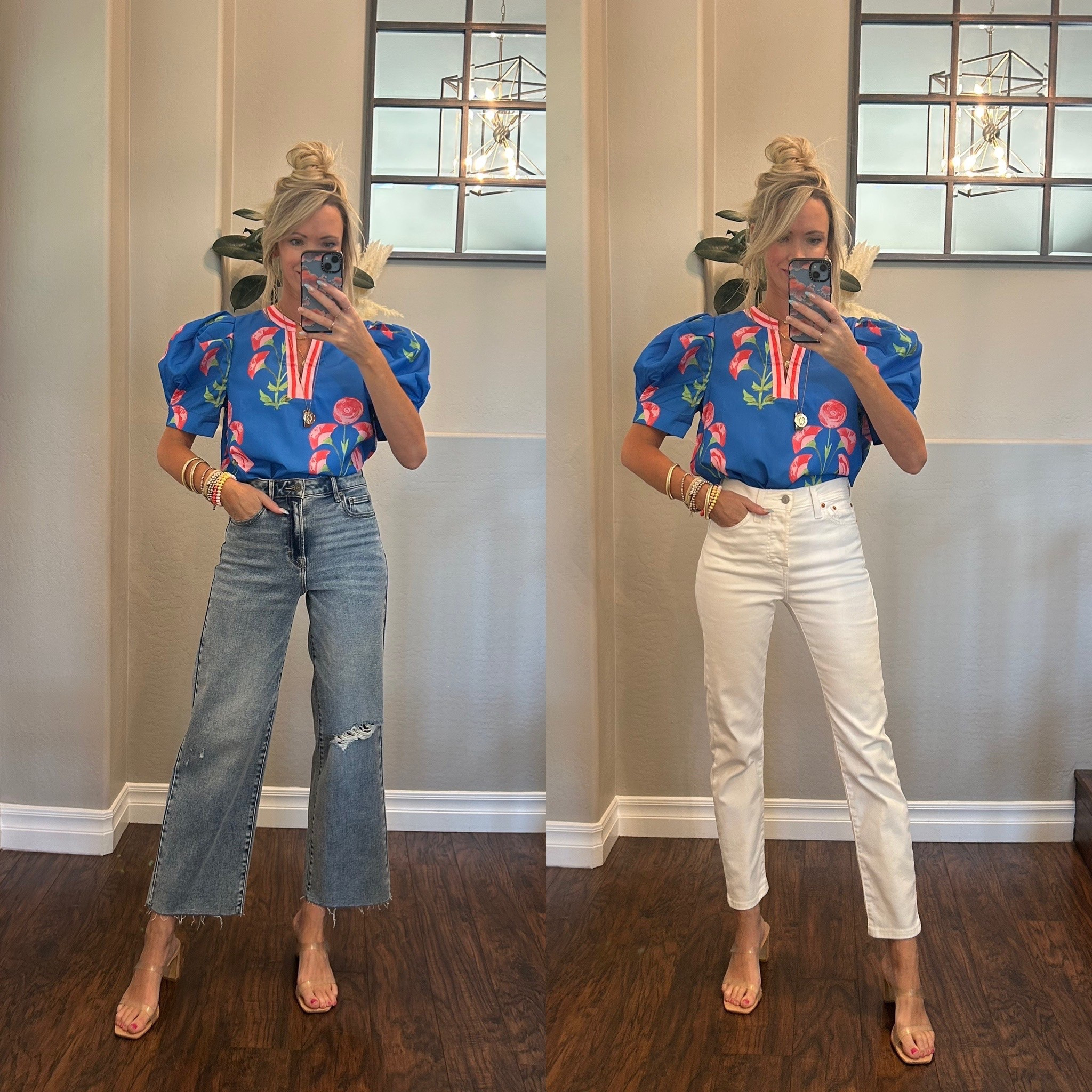 ❤️This top is so fun! 
✔️I found these white jeans on sale at Nordstrom rack! True to size
✔️blue jeans - vici use my code TRACYSAVE30 for 30% off. I sized downn

#LTKFindsUnder50 #LTKStyleTip #LTKWorkwear