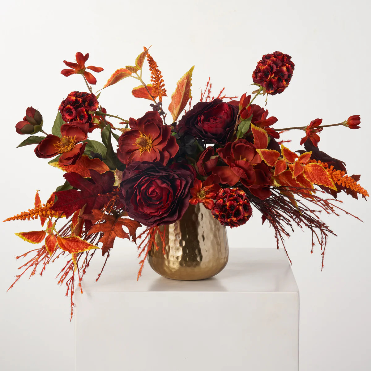 Fall Flame - Burgundy Dahlia  & Jumbo Ranunculus with Mini Rust Orange Magnolia Blooms Fall Arran... | Darby Creek Trading