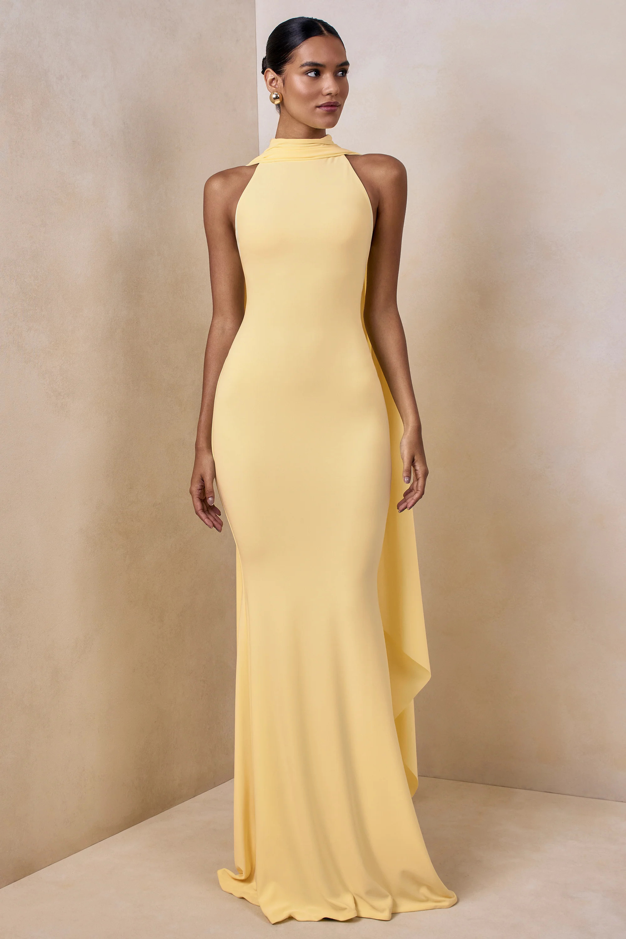 Cordy | Lemon High-Neck Maxi Dress With Cape | Club L London