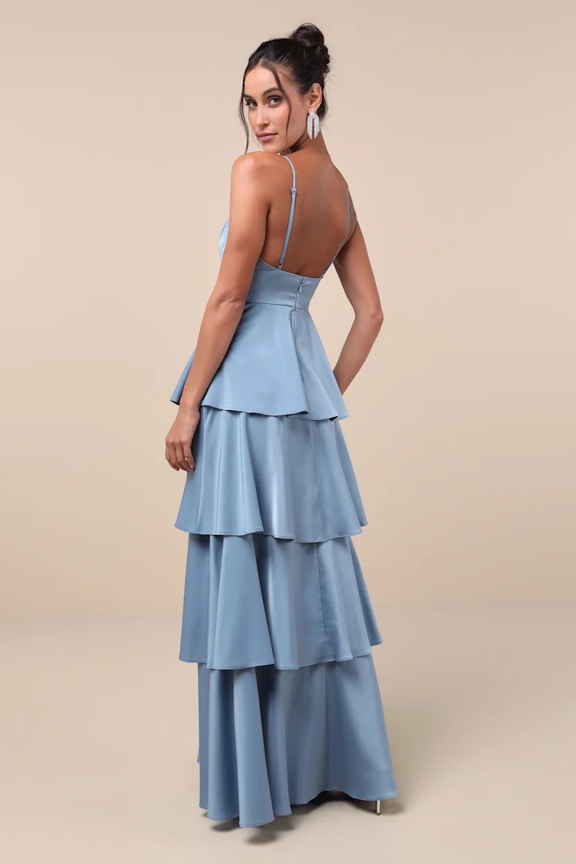Going with Elegance Slate Blue Satin Tiered Gown | Lulus