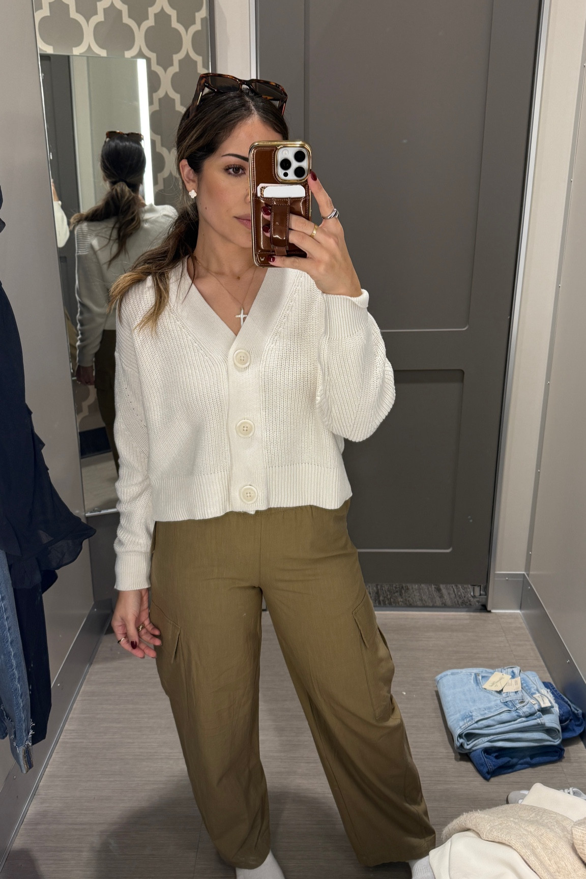 White sweater. Cargo pants sold in store only  

#LTKFindsUnder50 #LTKU #LTKMidsize