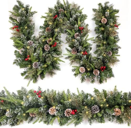 HomeKaren Christmas Garland Snowy 9ft with 50 Lights, Red Berry and Pine Cone, Lush Christmas Dec... | Amazon (US)