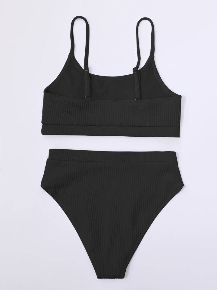 SHEIN Swim Basics Ribbed High Waist Bikini Swimsuit | SHEIN