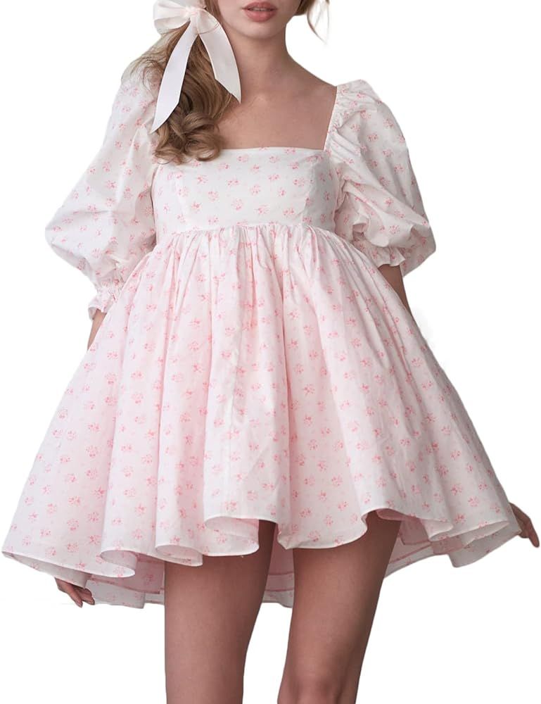 Piacakece Women Cute Puffy Dress Printed Bell Sleeve Square Neck Mesh Ruffle Bubble Dress | Amazon (US)