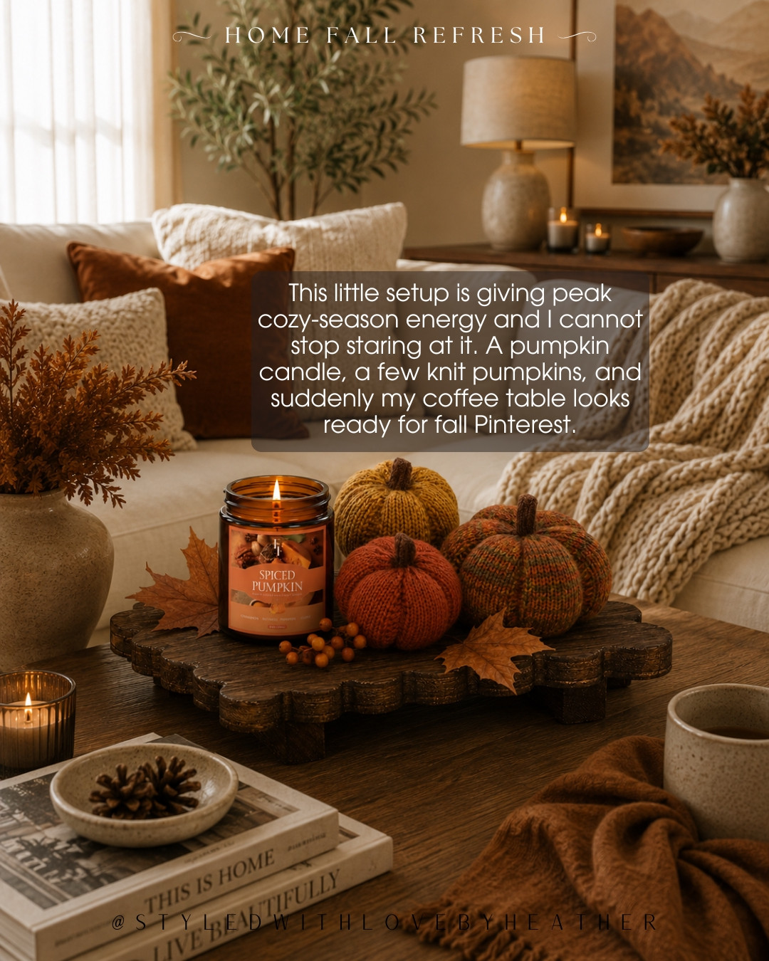 This little fall coffee table moment has me ready for cozy season. 🍂 A pumpkin candle + textured knit pumpkins are such an easy combo when you want that warm, layered fall look without adding too much decor. Shop the setup below! 

 #LTKdayinmylife #LTKvlog #LTKHome