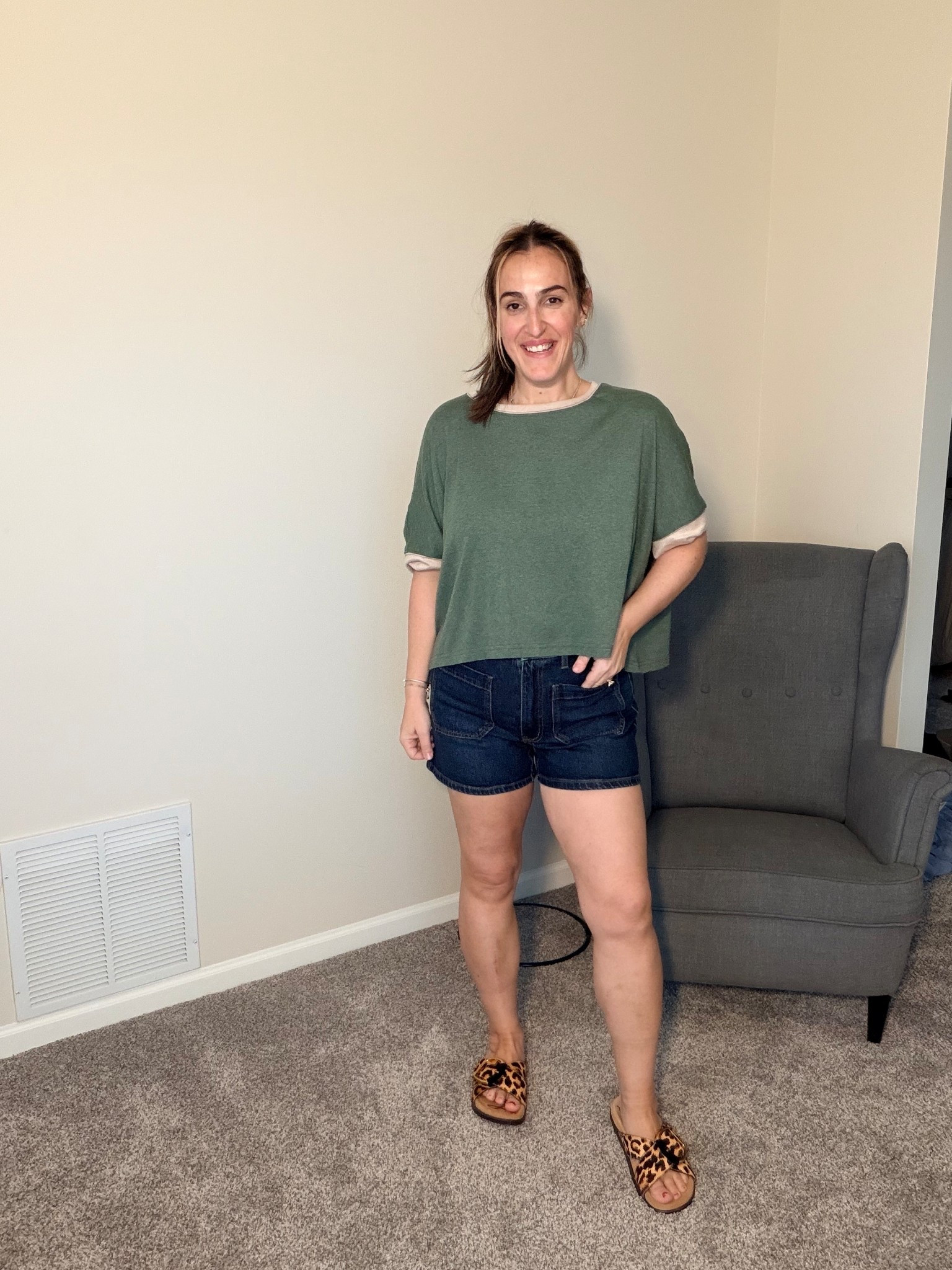 These shorts are sooo good. Not overly stretchy so they hold the belly in! TTS wearing an 8. 
Size down 1 in the tee!

#LTKOver40 #LTKootd #LTKmomlife