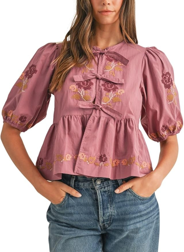 Womens Short Puff Sleeve Floral Embroidery Poplin Front Self Tie Detail Peplum Top Blouse | Amazon (US)