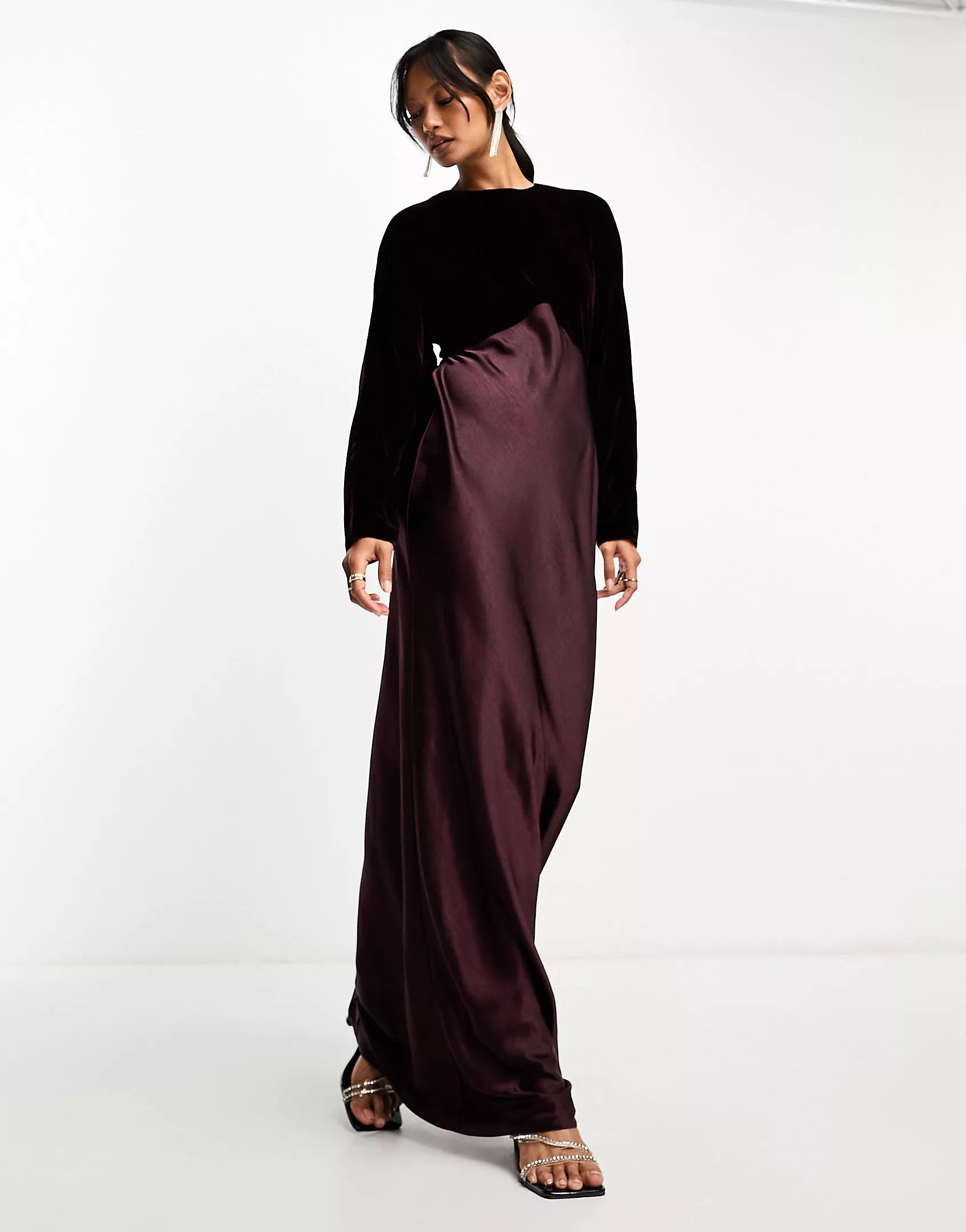 ASOS DESIGN satin batwing bias cut maxi dress with contrast velvet bodice in burgundy | ASOS (Global)